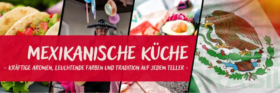Typische mexikanische Gerichte mit Tacos, Guacamole und bunten Chilischoten.