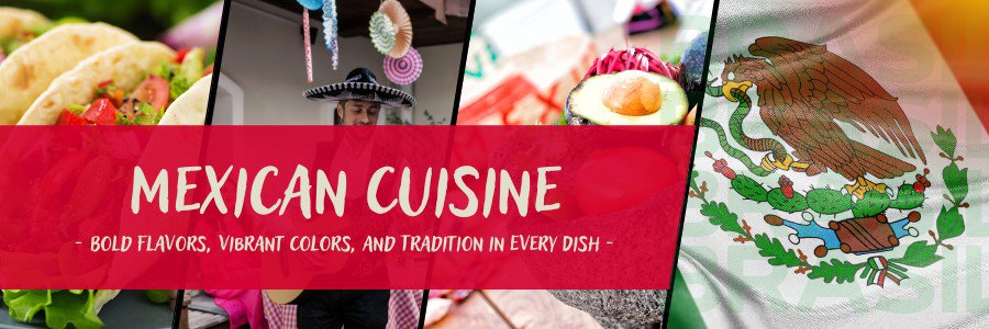 Typical dishes of Mexican cuisine featuring tacos, guacamole, and colorful chili peppers.