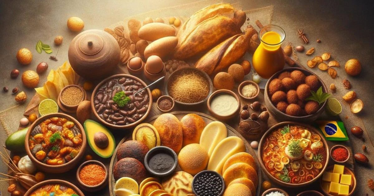 A vibrant image celebrating Brazil’s unique ingredients — tropical fruits, herbs, and roots that define the soul of Brazilian cuisine.