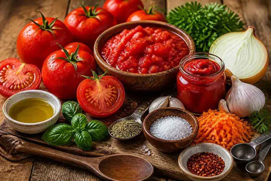 Ingredients of homemade tomato sauce