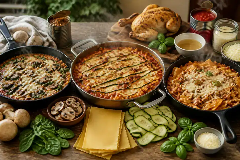 Variations of one-pot lasagna (vegetarian, gluten-free, quick)