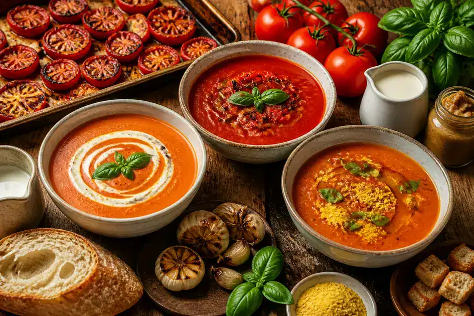 Variations of tomato soup (cream, roasted, and vegan)
