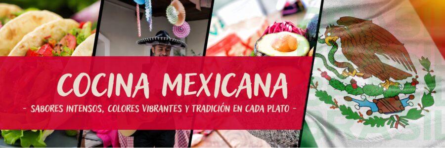 Platos típicos de la cocina mexicana con tacos, guacamole y chiles de colores.
