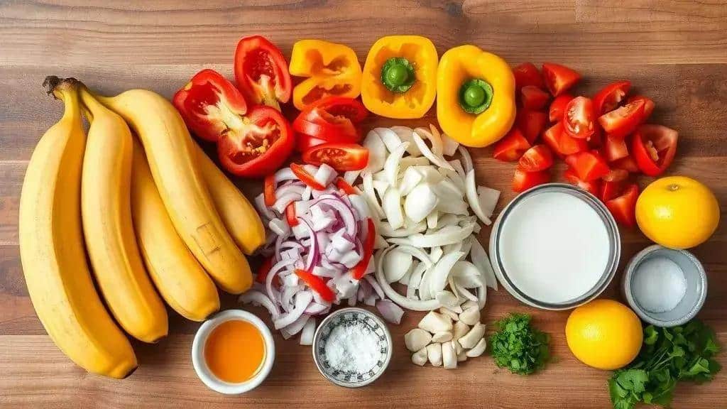 Ingredientes da moqueca de banana da terra vegana Ingredientes da moqueca de banana da terra vegana