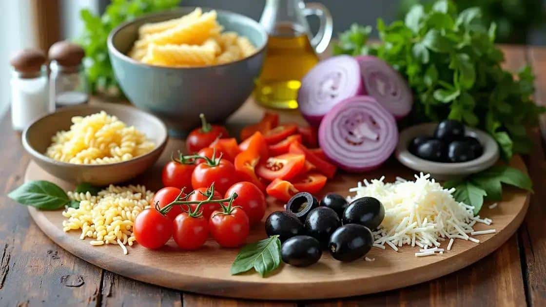 Ingredientes da salada de macarrão para o verão