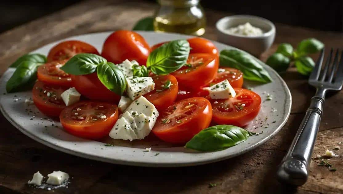Ingredientes da salada de tomate com manjericão e queijo