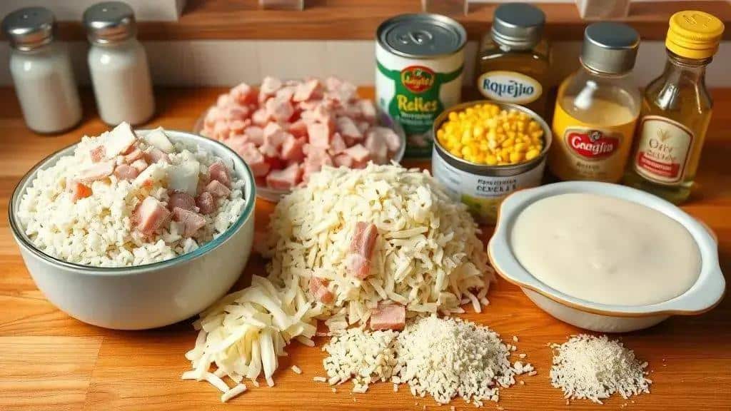 Ingredientes do arroz de forno com queijo e presunto