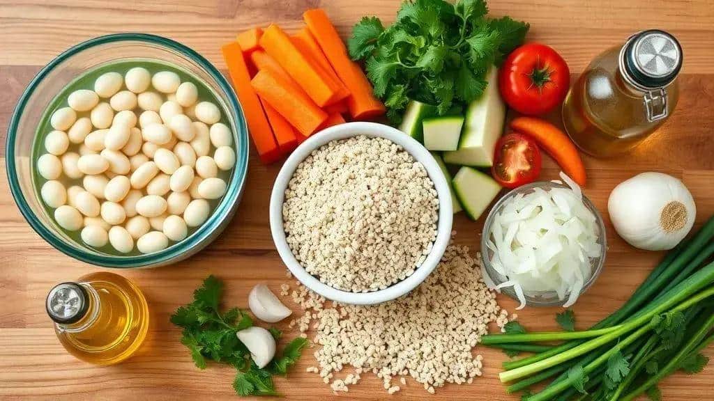 Ingredientes do feijão branco com legumes e quinoa