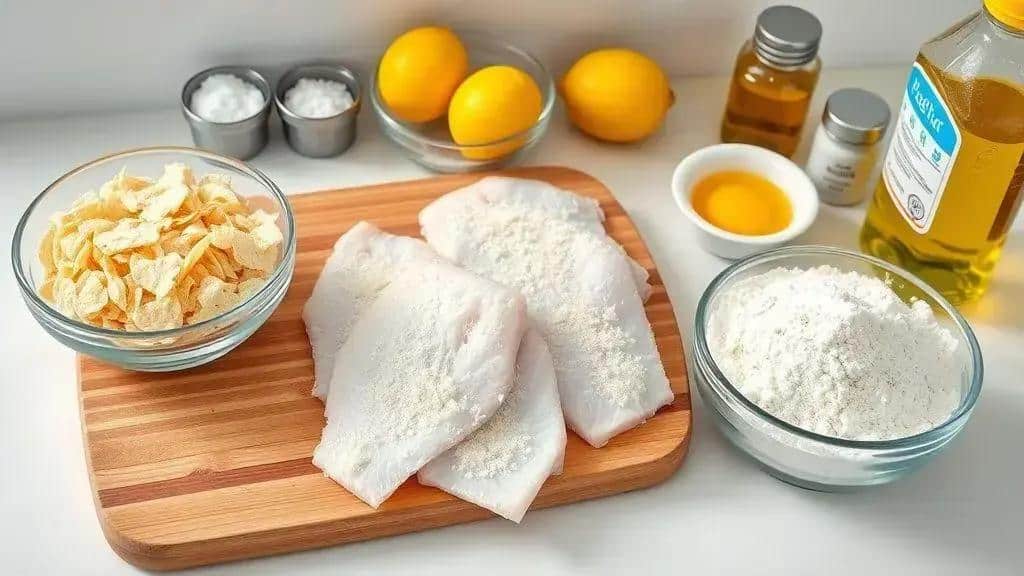 Ingredientes do filé de peixe empanado com flocos de milho