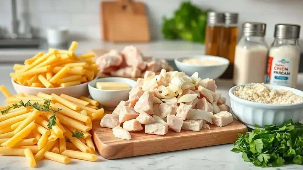 Ingredientes do macarrão cremoso com frango