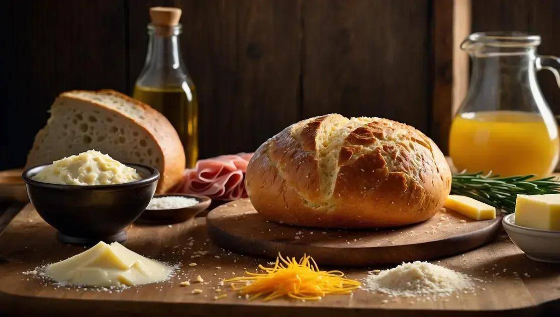 Ingredientes do pão recheado com queijo e presunto