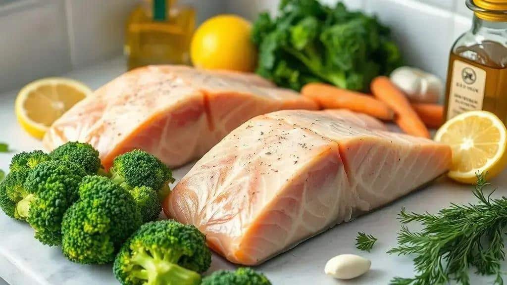 Ingredientes do salmão grelhado com legumes no vapor