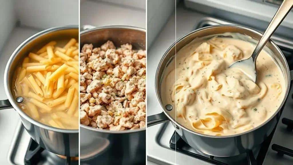 Passo a passo para preparar macarrão cremoso com frango