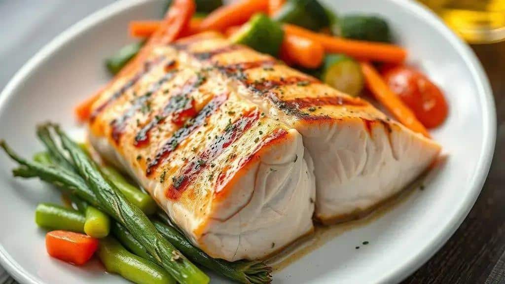 Salmão Grelhado com Legumes no Vapor