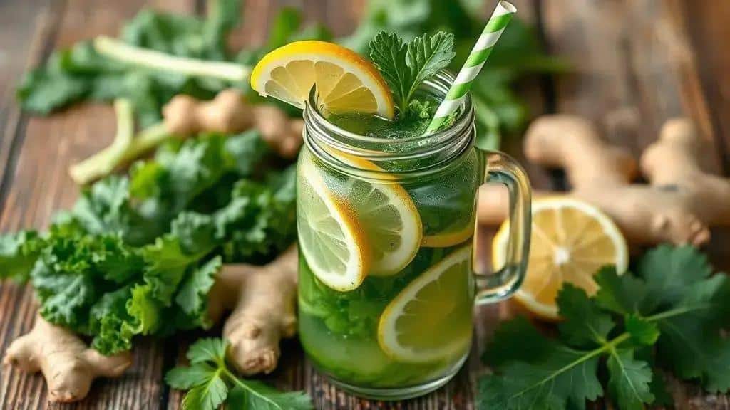 Suco Detox de Couve e Gengibre 1 Suco Detox de Couve e Gengibre