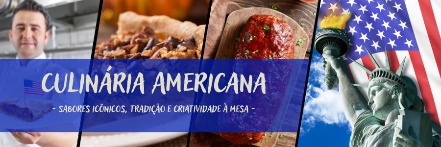 Pratos típicos da culinária americana com hambúrgueres, batatas fritas e torta de maçã.