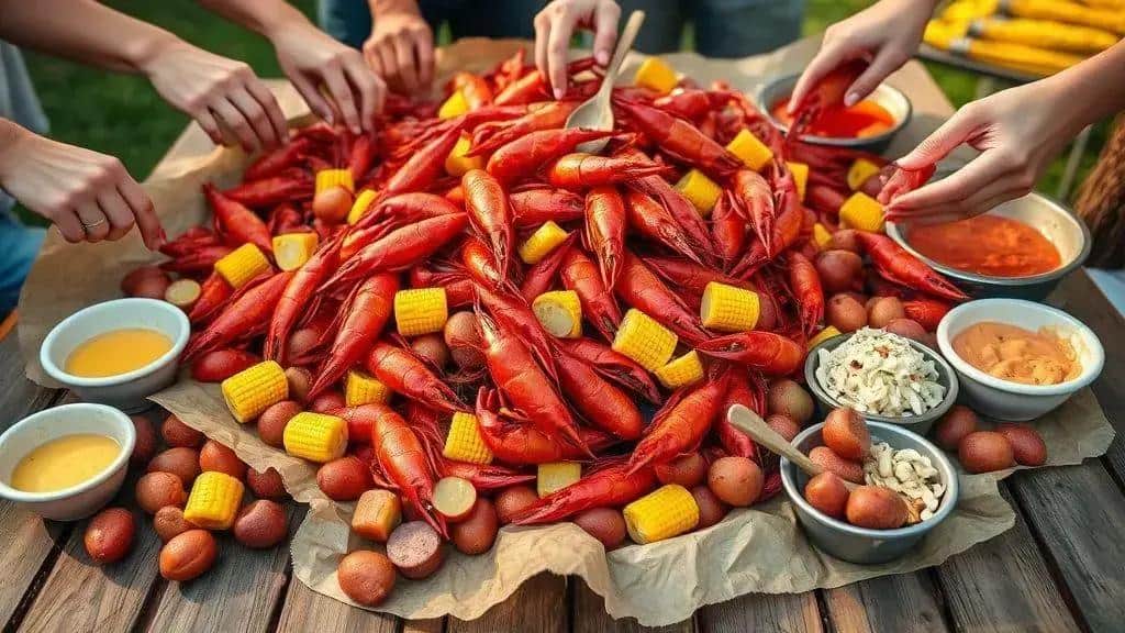 Acompanhamentos e montagem para um crawfish boil perfeito