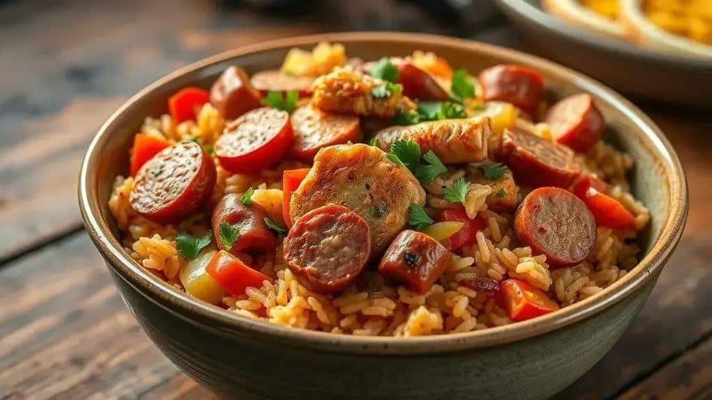 Arroz Picante com Frango e Linguiça Sul dos EUA jambalaya