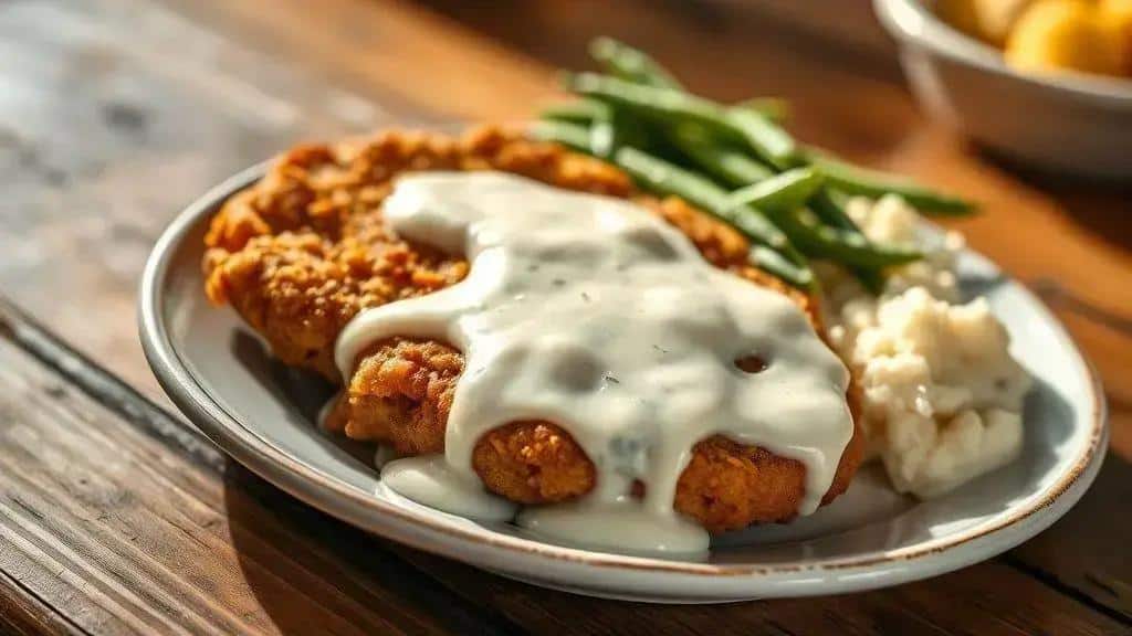 Bife Empanado com Molho Branco Sul dos EUA country fried steak