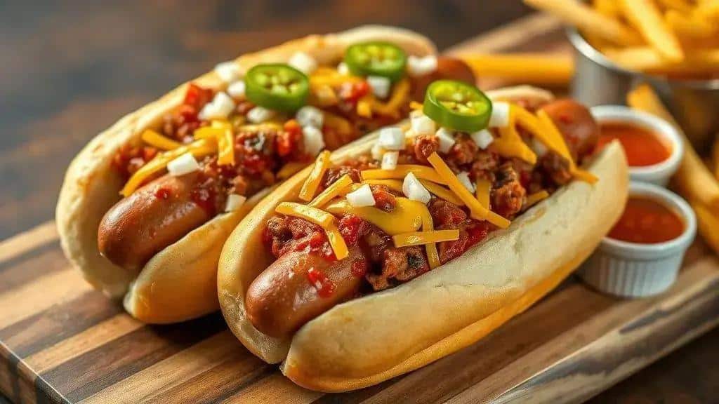 Cachorros-Quentes com Chili e Queijo Texas e Sudoeste chili dogs 1 Cachorros-Quentes com Chili e Queijo Texas e Sudoeste chili dogs