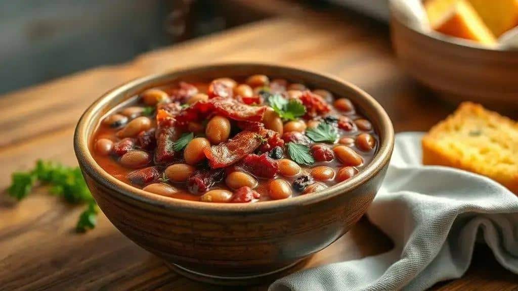 Feijão Texano com Bacon e Molho BBQ Texas e Sudoeste cowboy beans