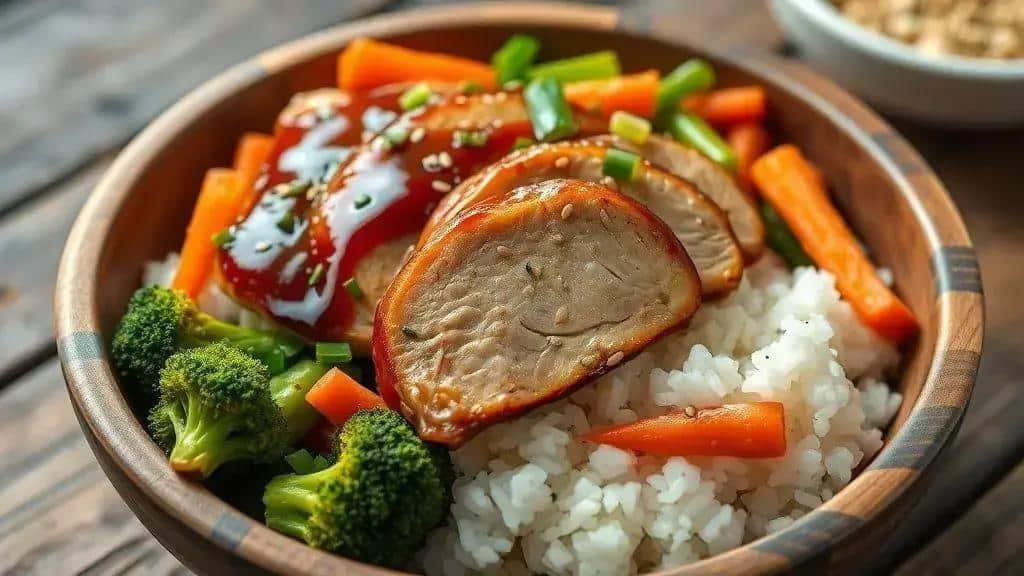 Frango com Arroz e Legumes ao Molho Teriyaki Costa Oeste teriyaki chicken bowl