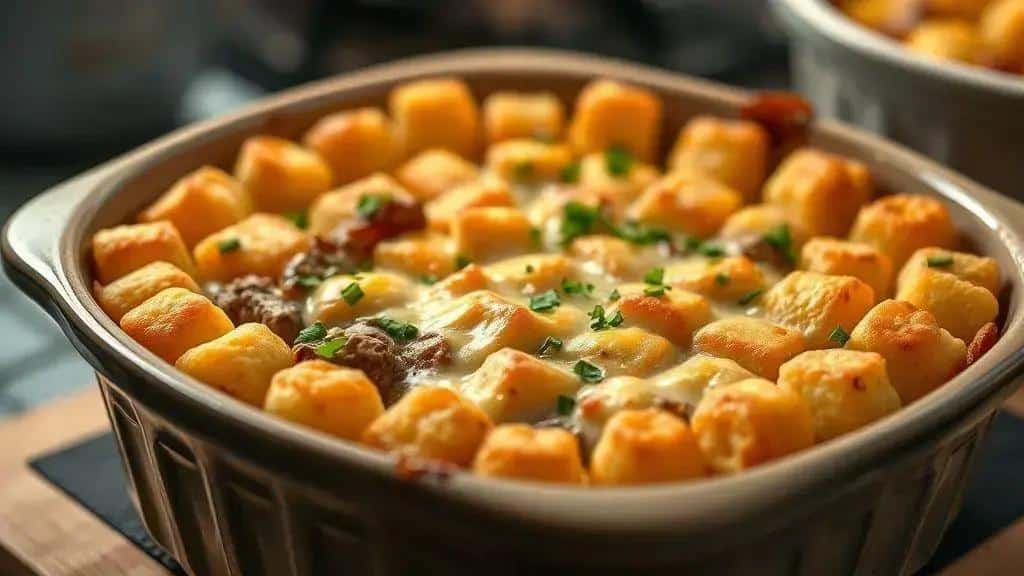 Gratinado de Batata com Carne Midwest tater tot hotdish