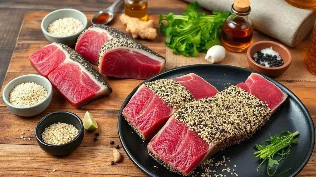 Ingredientes da receita atum selado com crosta de gergelim