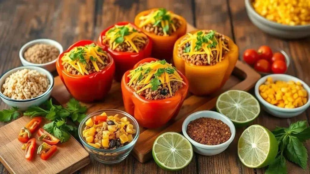 Ingredientes da receita pimentões recheados com carne e arroz