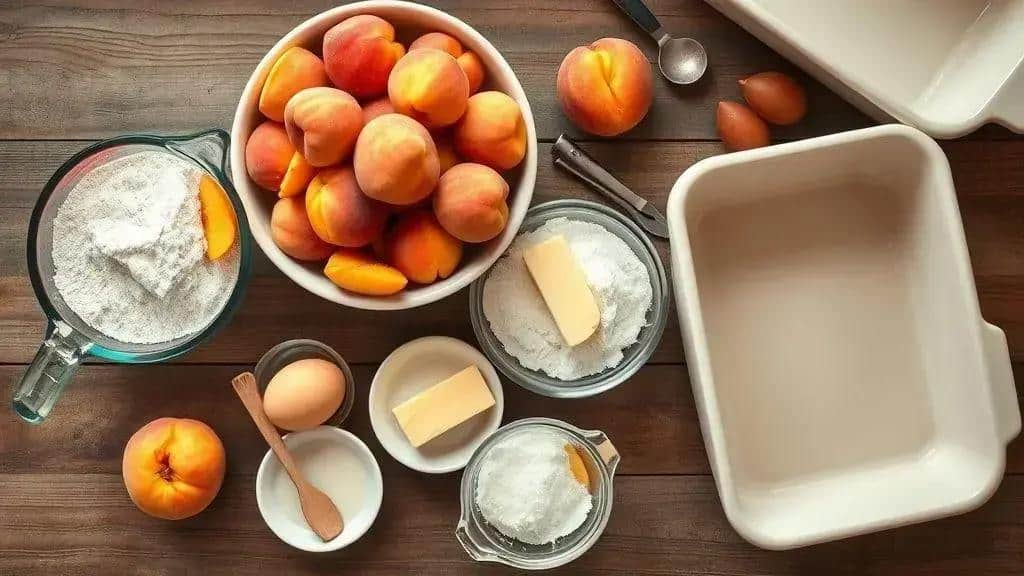 Ingredientes da torta de pêssego caseira Midwest peach cobbler
