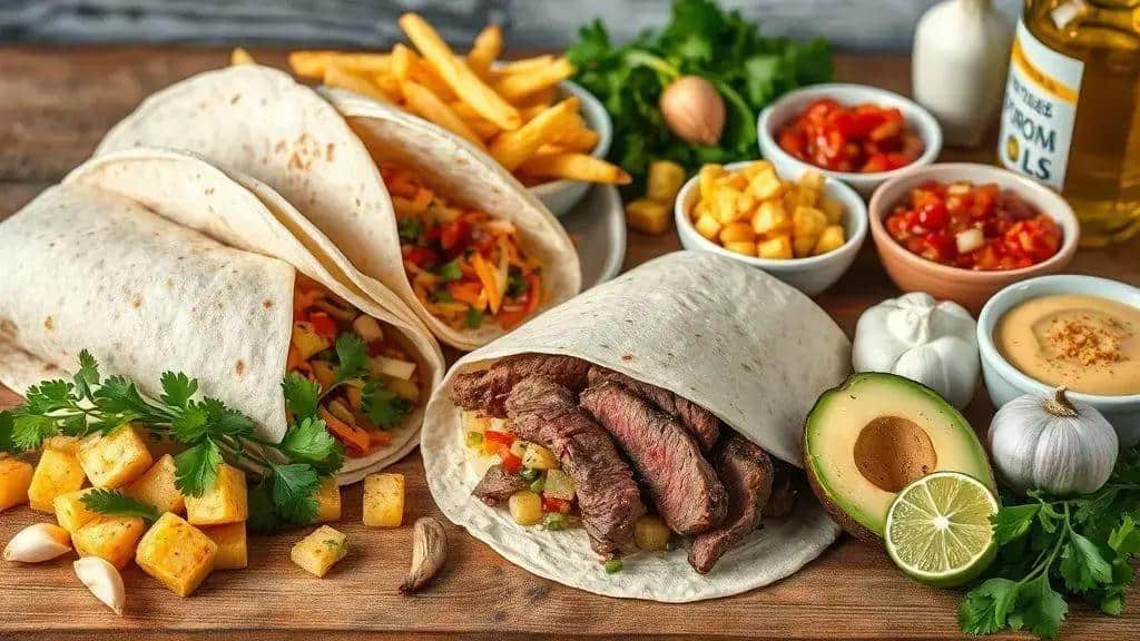 Ingredientes do burrito com batatas e carne grelhada