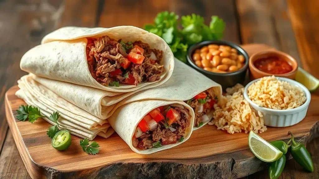 Ingredientes do burrito Tex-Mex recheado com feijão e carne Ingredientes do burrito Tex-Mex recheado com feijão e carne