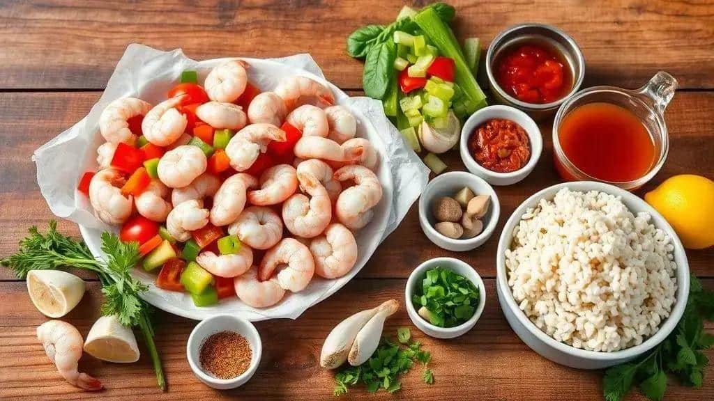 Ingredientes do camarão ao molho de tomate picante (shrimp creole)