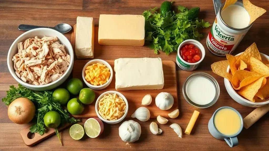 Ingredientes do creme de queijo e frango (Chicken Queso Dip)