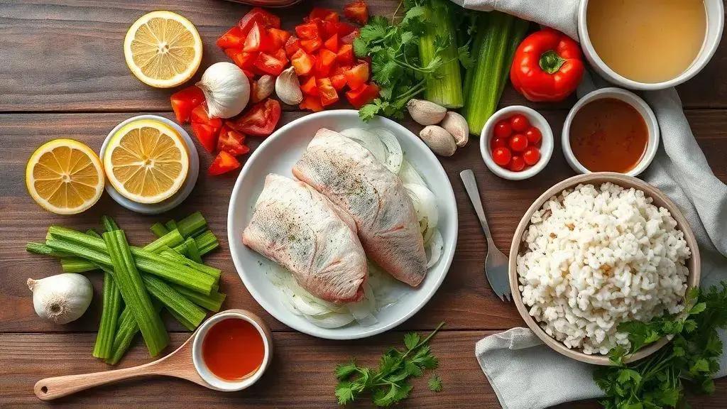 Ingredientes do ensopado Catfish Courtbouillon