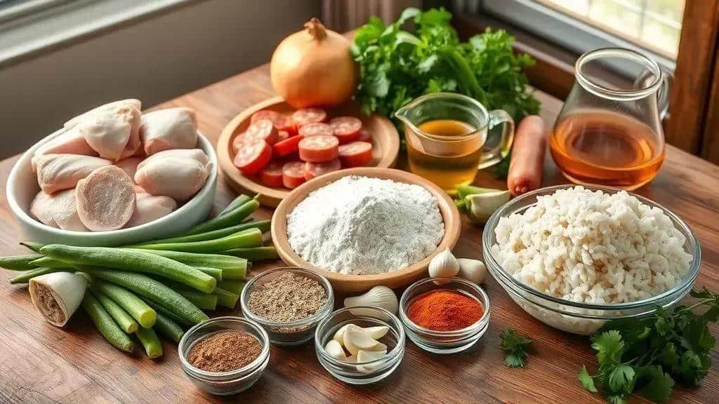 Ingredientes do ensopado de frango e linguiça Cajun & Creole