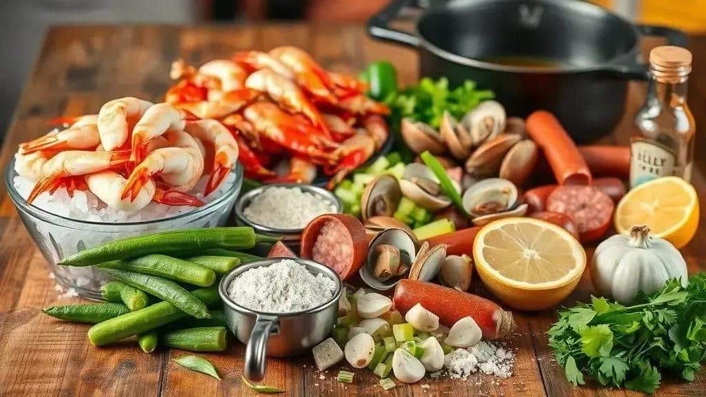 Ingredientes do ensopado de frutos do mar (Seafood Gumbo)
