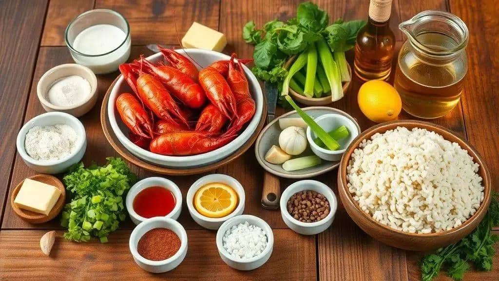 Ingredientes do ensopado de lagostins (Crawfish Étouffée)