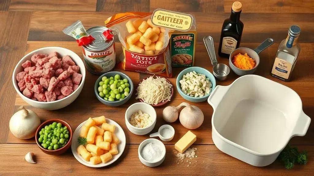 Ingredientes do gratinado de batata com carne (tater tot hotdish)