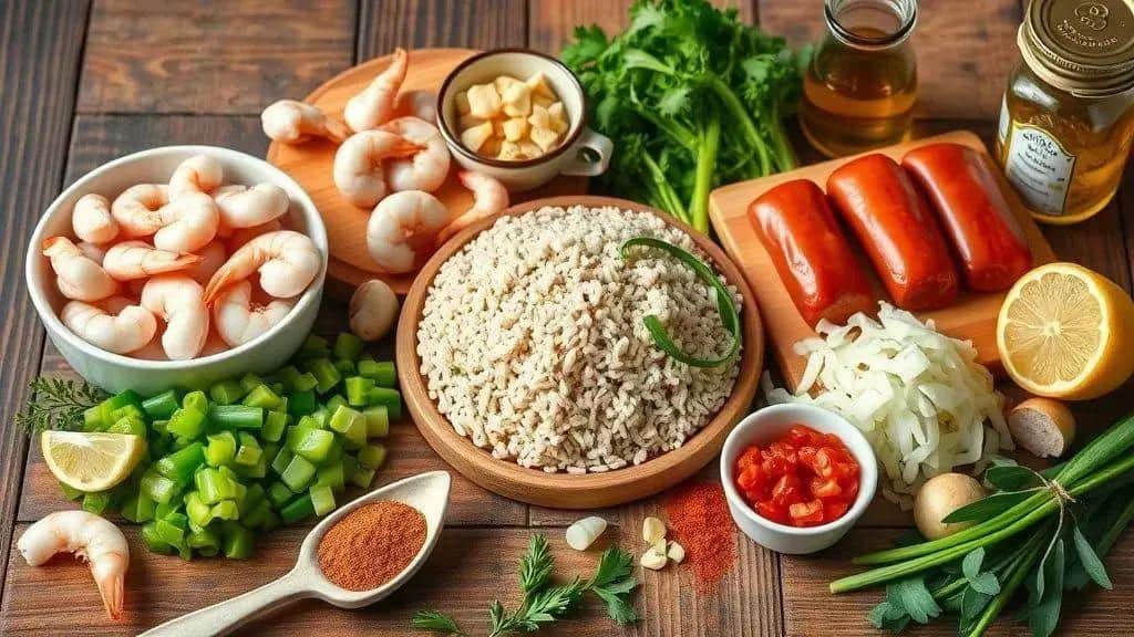 Ingredientes do jambalaya de camarão