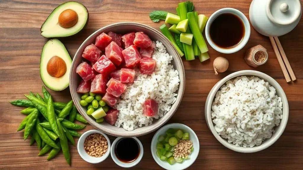 Ingredientes do poke de atum fresco