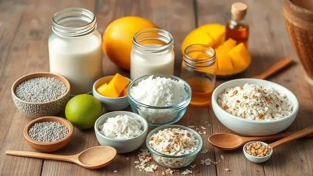 Ingredientes do pudim de chia com manga e coco Ingredientes do pudim de chia com manga e coco