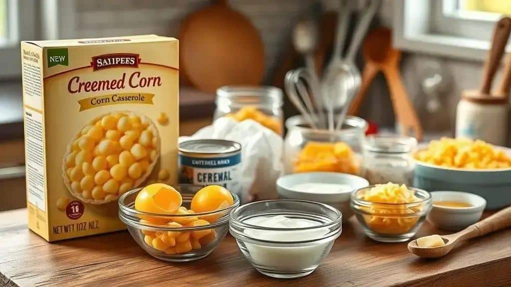 Ingredientes do suflê de milho cremoso Midwest corn casserole