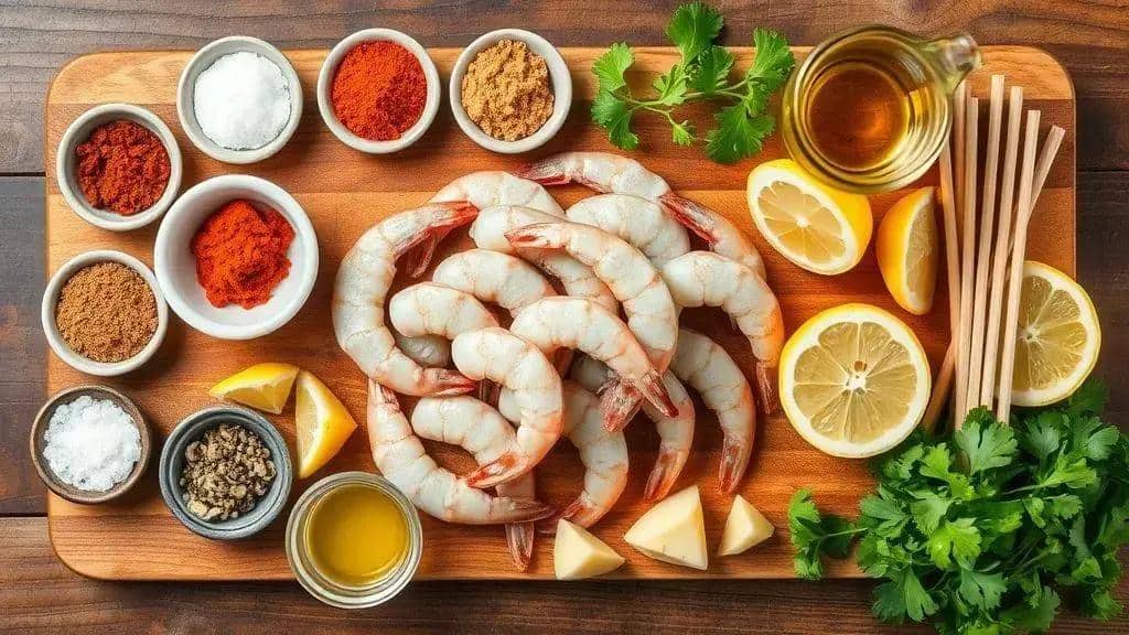 Ingredientes dos espetinhos de camarão Cajun