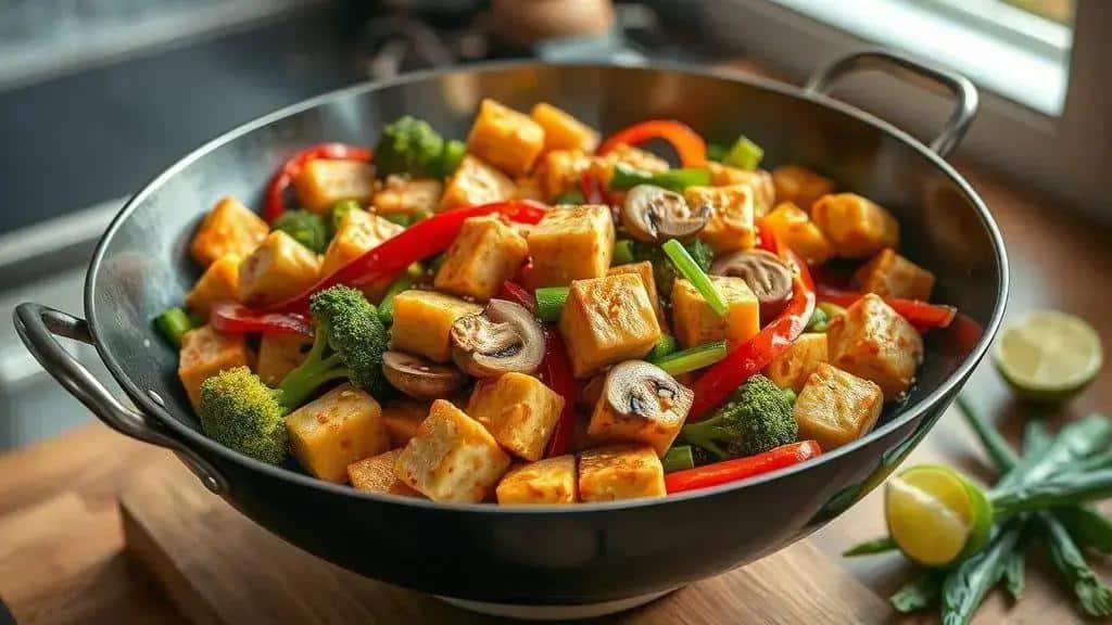 Refogado de Tofu com Legumes Asiáticos Costa Oeste tofu stir fry