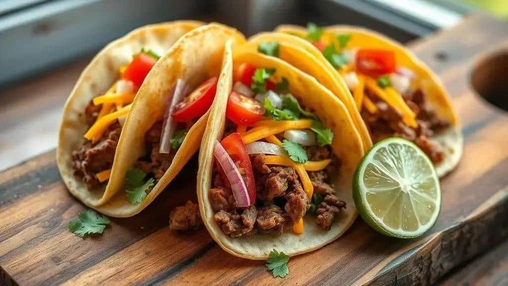 Tacos de Carne Moída com Queijo Texas e Sudoeste beef tacos