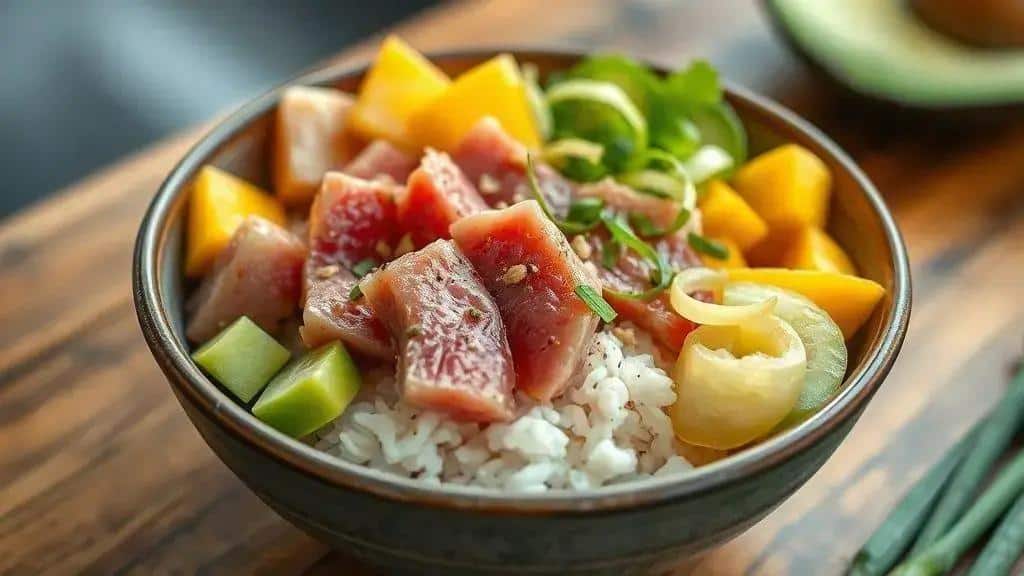 Tigela de Peixe Cru e Arroz Costa Oeste poke bowl