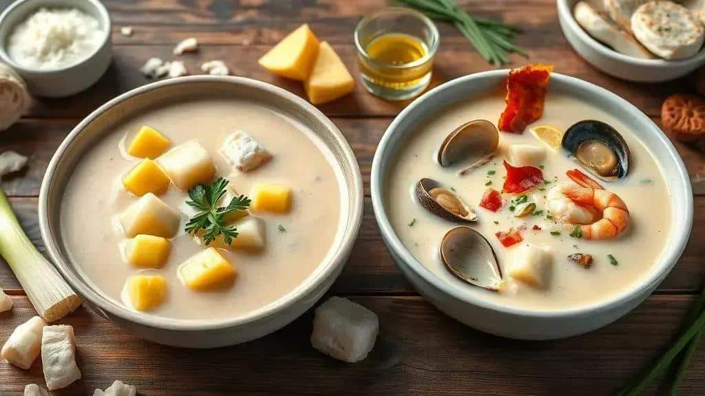 Variações da New England fish chowder (veganas e com frutos do mar)