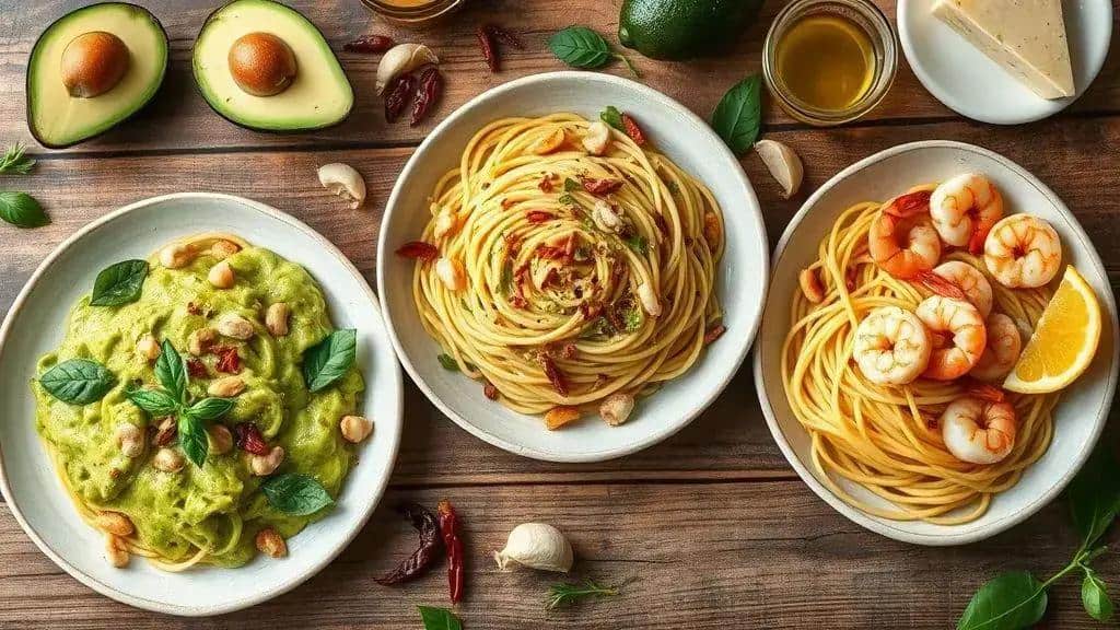 Variações da receita avocado pasta: vegana, picante e com frutos do mar