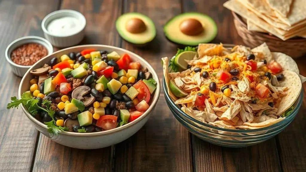 Variações da Taco Salad: versões vegetariana e com frango Variações da Taco Salad: versões vegetariana e com frango
